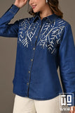blue embroidered denim-style shirt