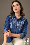 blue embroidered denim-style shirt
