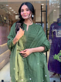 Graceful Green Handwork Kurta Pant Dupatta Set with Handworked Neck & Embroidered Dupatta