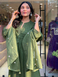 Graceful Green Handwork Kurta Pant Dupatta Set with Handworked Neck & Embroidered Dupatta