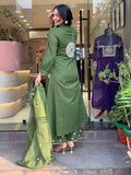 Graceful Green Handwork Kurta Pant Dupatta Set with Handworked Neck & Embroidered Dupatta