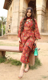 Classic Rust Red Printed Kurta Pant Dupatta Set with Kotadoria Dupatta With Embroidery