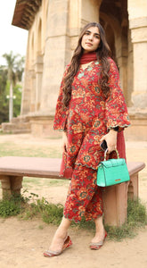 Classic Rust Red Printed Kurta Pant Dupatta Set with Kotadoria Dupatta With Embroidery