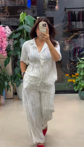 Elegant Solid Cotton Mix Linen Two Piece Co-Ord Set with Soft Texture Shirt and Comfortable Loose Pants