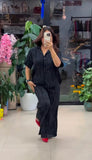 Black Cotton Mix Linen Co-Ord Set with Minimal Solid Finish Relaxed Shirt and Loose Straight Fit Pants