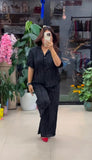 Black Cotton Mix Linen Co-Ord Set with Minimal Solid Finish Relaxed Shirt and Loose Straight Fit Pants