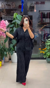 Black Cotton Mix Linen Co-Ord Set with Minimal Solid Finish Relaxed Shirt and Loose Straight Fit Pants