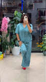 Elegant Cyan Blue Cotton Mix Linen Co-Ord Set with Minimal Solid Finish Relaxed Shirt and Loose Straight Fit Pants