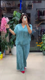 Elegant Cyan Blue Cotton Mix Linen Co-Ord Set with Minimal Solid Finish Relaxed Shirt and Loose Straight Fit Pants