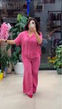 Stylish Pink Cotton Mix Linen Co-Ord Set with Minimal Solid Finish Relaxed Shirt and Loose Straight Fit Pants
