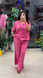 Stylish Pink Cotton Mix Linen Co-Ord Set with Minimal Solid Finish Relaxed Shirt and Loose Straight Fit Pants