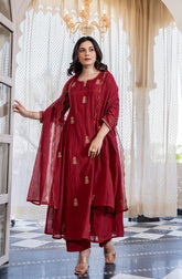 Royal Red Embroidered Suit Set with dupatta with Fully Embroidery Neck