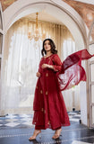 Royal Red Embroidered Suit Set with dupatta with Fully Embroidery Neck