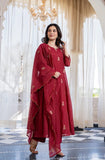 Royal Red Embroidered Suit Set with dupatta with Fully Embroidery Neck