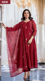 Royal Red Embroidered Suit Set with dupatta with Fully Embroidery Neck