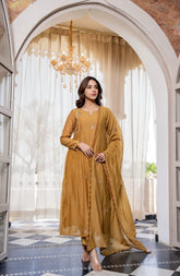 Mustard Yellow Embroidered Suit Set with dupatta with Fully Embroidery Neck