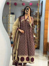 Maroon Chanderi Pure Cotton Anarkali Suit Set with Hand-Worked Neckline