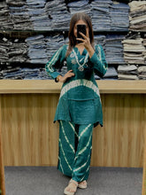 Wiora Women’s Teal Tie-Dye Silk Cord Set with Handwork Neck