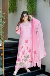 Pink Lotus Handwork A-Line Kurta Set With beautifully Hand Work