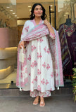 Wiora White Mulmul Cotton Printed Kurti Set with Dupatta & Pant