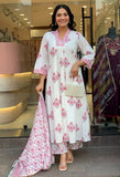 Wiora White Mulmul Cotton Printed Kurti Set with Dupatta & Pant