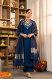 Luxury Navy Blue Hand-Embroidered Pure Satori Silk Kurta with Silk Pants & Pure Zari Banarasi Dupatta