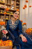 Luxury Navy Blue Hand-Embroidered Pure Satori Silk Kurta with Silk Pants & Pure Zari Banarasi Dupatta