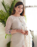 Sophisticated Off-White Lilan Three-Piece Ethnic Set with Intricate Floral Motifs & Airy Dupatta