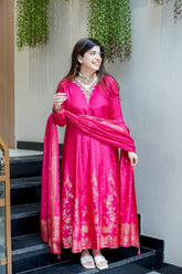 Wiora Premium Banarasi Maslin Anarkali Ensemble with Heavy Handwork Neck & Elegant Zari Flare