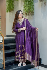 Wiora Festive Luxe Fuchsia Anarkali Suit Set in Maslin Silk with Intricate Handwork & Banarasi Weaving