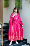 Wiora Premium Banarasi Maslin Anarkali Ensemble with Heavy Handwork Neck & Elegant Zari Flare