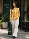 WIORA Women’s Mustard Yellow & Cream Floral Shirt – Elegant Full Sleeve Button-Down Designer Shirt with Contrast Panels, Floral Detailing & Classic Collar