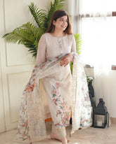 Sophisticated Off-White Lilan Three-Piece Ethnic Set with Intricate Floral Motifs & Airy Dupatta