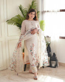 Sophisticated Off-White Lilan Three-Piece Ethnic Set with Intricate Floral Motifs & Airy Dupatta