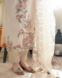 Sophisticated Off-White Lilan Three-Piece Ethnic Set with Intricate Floral Motifs & Airy Dupatta