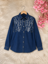 blue embroidered denim-style shirt