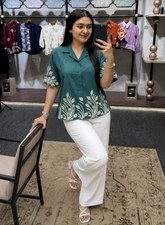 Wiora Forest Green Leaf Embroidered Shirt – Elegant Short Sleeve Button-Down shirt