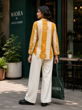 WIORA Women’s Mustard Yellow & Cream Floral Shirt – Elegant Full Sleeve Button-Down Designer Shirt with Contrast Panels, Floral Detailing & Classic Collar