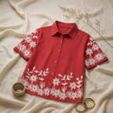 Wiora Coral Red Floral Embroidered Shirt – Elegant Short Sleeve Button-Down Top