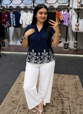 Wiora Navy Blue Leaf Embroidered Shirt – Elegant Short Sleeve Button-Down Top