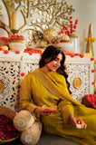 Mustard Yellow Viscose Satin Suit Set with Premium Organza Dupatta