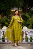 Lemon Yellow Chanderi Silk Suit Set with Embroidered Organza Dupatta
