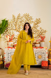 Mustard Yellow Viscose Satin Suit Set with Premium Organza Dupatta