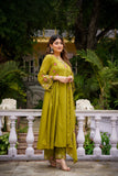 Lemon Yellow Chanderi Silk Suit Set with Embroidered Organza Dupatta