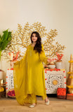 Mustard Yellow Viscose Satin Suit Set with Premium Organza Dupatta
