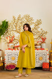 Mustard Yellow Viscose Satin Suit Set with Premium Organza Dupatta