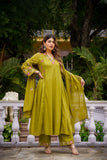 Lemon Yellow Chanderi Silk Suit Set with Embroidered Organza Dupatta