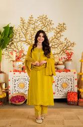 Mustard Yellow Viscose Satin Suit Set with Premium Organza Dupatta