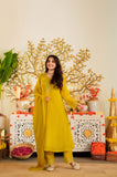 Mustard Yellow Viscose Satin Suit Set with Premium Organza Dupatta