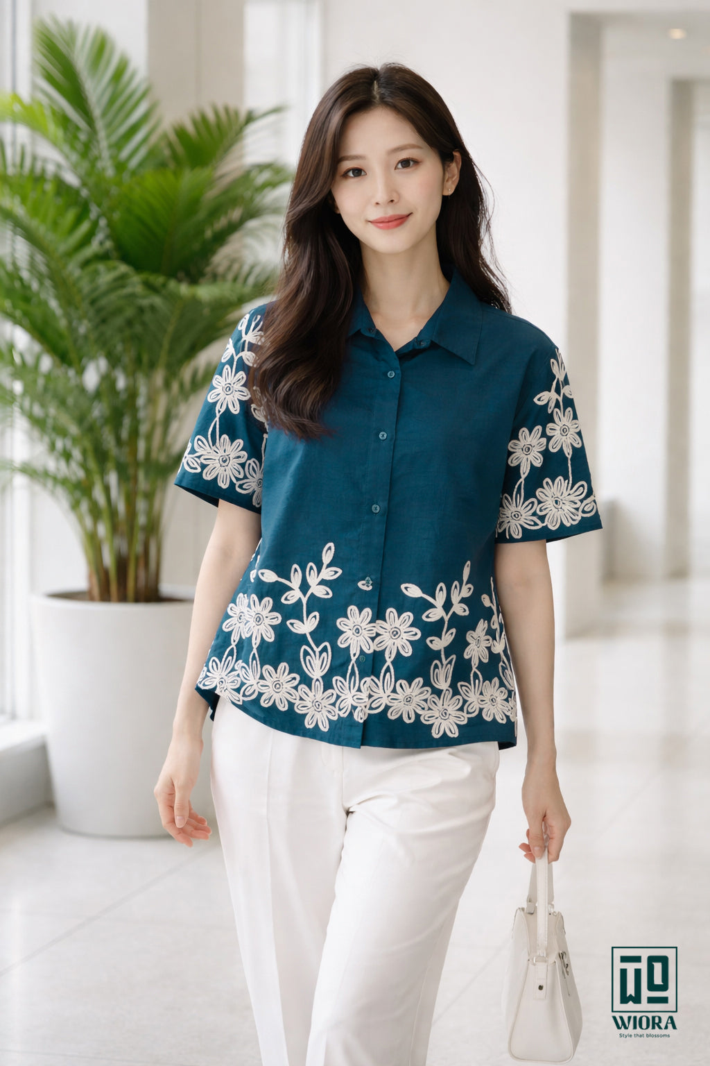 Wiora Teal Floral Embroidered Shirt – Elegant Short Sleeve Button-Down Top